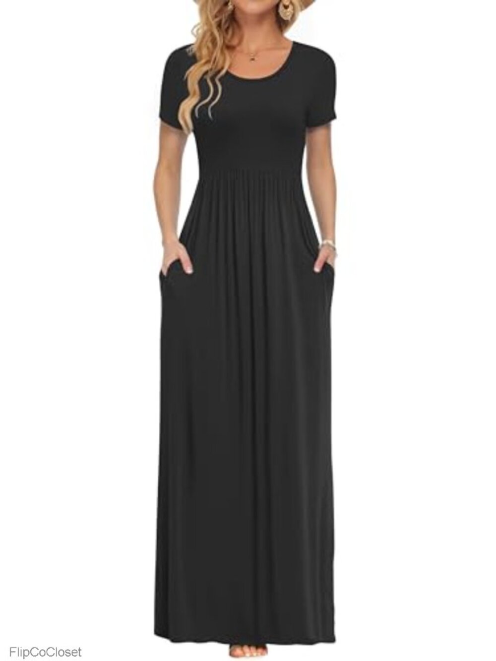 Women's Short Sleeve Long Maxi Dress Crew Neck Loose Casual A-Line with Pockets